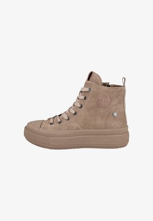 Zapatillas altas en ante beige con punta redonda, cierre de cordones en la parte frontal, ojales de metal plateado, parche con logo en el lateral y suela de goma texturizada.