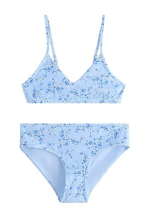 Lyseblåt blomstret bikini sæt med justerbare stropper og trekantet top kombineret med mellemhøje underdele.