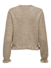 Beige strikket trøje med lange ærmer med flæsekant på ærmer og kant, vist bagfra på en enkel hvid baggrund.