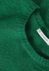 Groene gebreide trui met een textuurmateriaal en geribde halslijn, gelabeld met een wit etiket met de merknaam "tntuum."