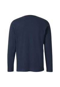 Dunkelblaues Langarmshirt mit Rundhalsausschnitt, von hinten auf weißem Hintergrund gezeigt.