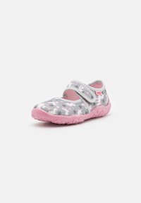 Sapatilha de tecido cinza com padrão de unicórnio e detalhes em rosa, apresentando uma fita de Velcro, biqueira arredondada e sola de borracha.
