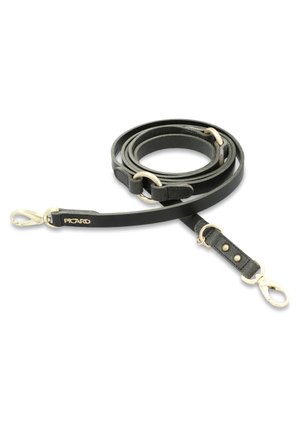 Black leather dog leash with gold-tone hardware, features two clips, adjustable length, and a smooth texture. Stitched accents on handle.