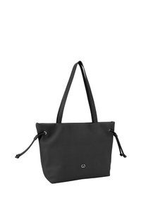 Schwarze Tote-Tasche aus strukturiertem Stoff mit doppelten Griffen und Kordelzugverschluss. Verfügt über ein dezentes Logo auf der Vorderseite.