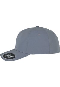 Gray baseball cap with a smooth fabric surface, rounded crown, and a curved brim. Features a branded tag on the front and eight stitching accents.