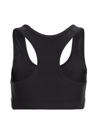 Sujeción deportiva negra con diseño de espalda cruzada, fabricada con tela suave, que presenta tirantes anchos y un acabado sin costuras para mayor comodidad.