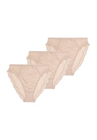 Nude kanten vrouwenondergoed set van drie; bloemenprint met scalloped randen; elastische taillebanden en doorschijnende gaasdetails.