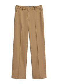 Pantaloni beige su misura con passanti per cintura, tasche anteriori e gamba dritta, adatti per abbigliamento formale o da lavoro.