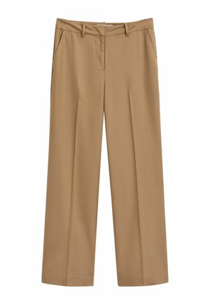 Pantalons beiges bien coupés avec passants de ceinture, poches avant et coupe droite, adaptés pour un usage formel ou professionnel.