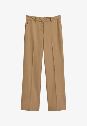 Beige op maat gemaakte broeken met riemlussen, voorzakken en een rechte pijp, geschikt voor formele of zakelijke kleding.