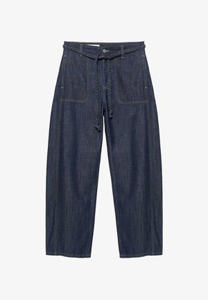 Pantaloni larghi in denim blu scuro con tasche applicate sul davanti e cintura intrecciata legata in vita.