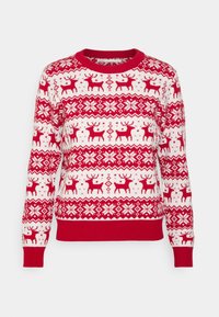 Roter und weißer Strickpullover mit Rentier- und Schneeflockenmuster. Verfügt über einen Rundhalsausschnitt sowie gerippte Bündchen an Ärmeln und Saum.