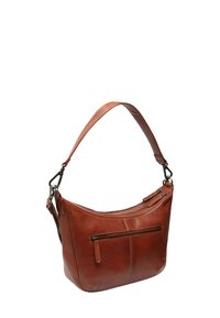 Borsa a spalla in pelle marrone con una forma curva, apertura superiore con zip, tasca frontale e una singola tracolla regolabile. Texture liscia con dettagli di cucitura sottili.