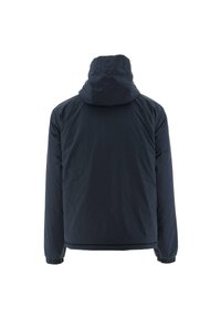 Marineblauwe gewatteerde jas met een capuchon, voorzien van elastische manchetten en een logo op de achterkant. Gladde, synthetische stof met een matte afwerking.