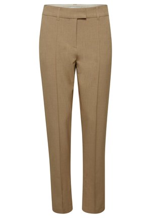 Beige-huoltävät housut, joissa on tasainen etuosa, kapea leikkaus ja sileä kangas. Yksityiskohtainen ommeltu viiva saumoissa lisää rakennetta.