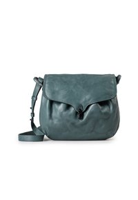 Borsa a tracolla in pelle teal con chiusura a busta, tracolla regolabile e una superficie liscia. Presenta un clasp nero e una forma morbida e arrotondata.