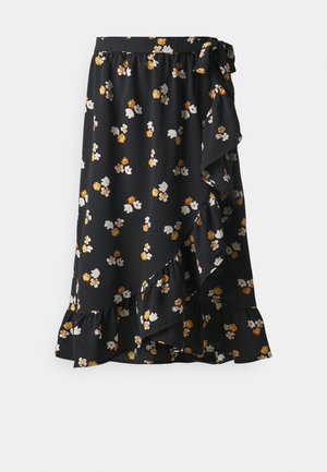 Μαύρη φούστα με λουλούδια και ριγωτό στρίφωμα, διακοσμημένη με μικρά κίτρινα, λευκά και πορτοκαλί λουλούδια. Φτιαγμένη από ελαφρύ ύφασμα με ζώνη που δένει.
