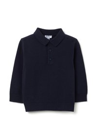 Polo a maniche lunghe blu navy in misto cotone, con colletto, apertura con tre bottoni e polsini e orlo a coste.