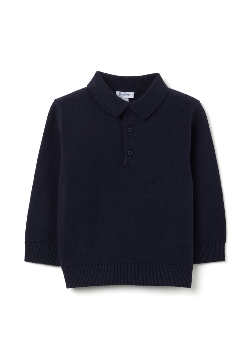 Polo a maniche lunghe blu navy in misto cotone, con colletto, apertura con tre bottoni e polsini e orlo a coste.