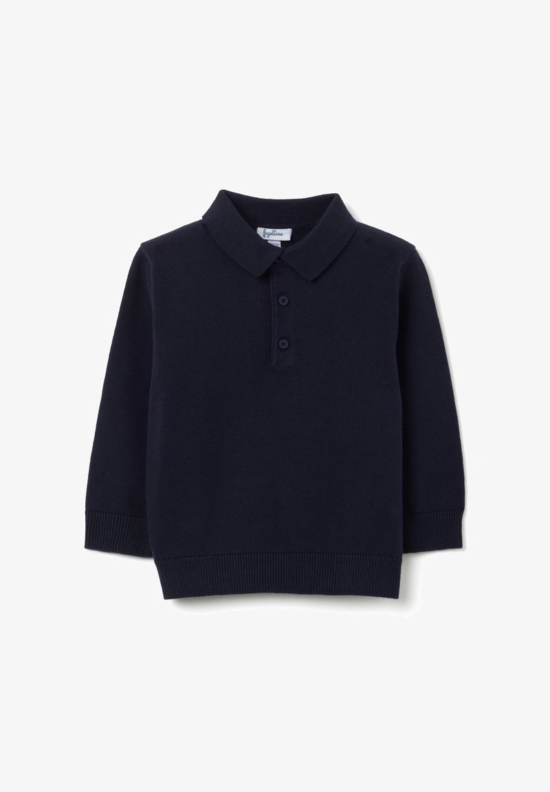 Polo a maniche lunghe blu navy in misto cotone, con colletto, apertura con tre bottoni e polsini e orlo a coste.