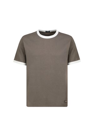 Short-sleeve brown t-shirt with white trim on collar and sleeve edges, displayed on a plain white background.