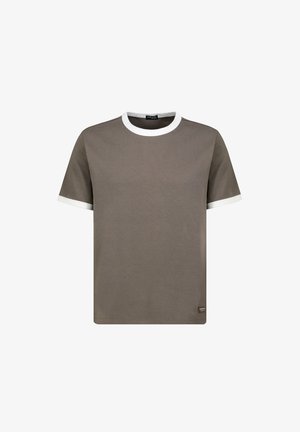 Short-sleeve brown t-shirt with white trim on collar and sleeve edges, displayed on a plain white background.