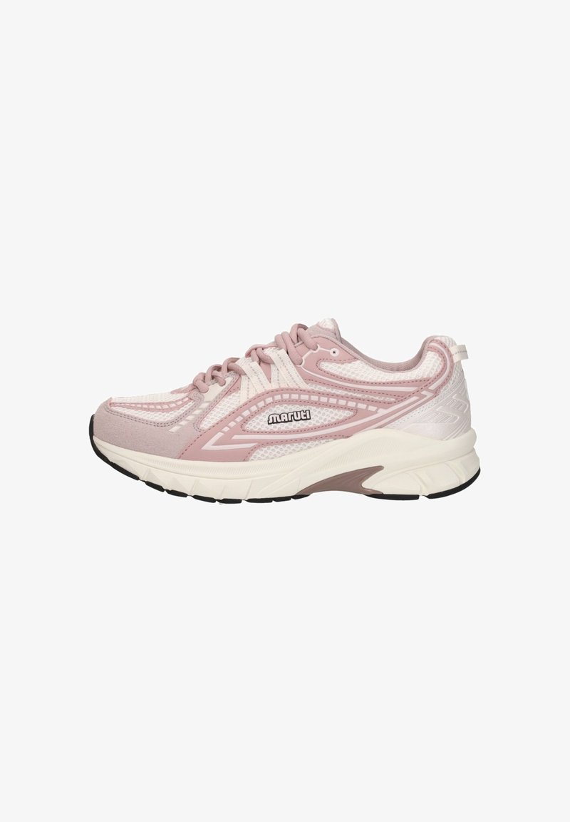 Lichtroze en witte sportschoen met meshstof, vetersluiting, gevoerde zool en "Maruit"-merk op de zijkant.