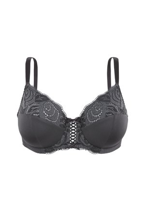 Sujetador de encaje negro con motivos florales, copas acolchadas, tirantes ajustables y detalles cruzados en el centro delantero.