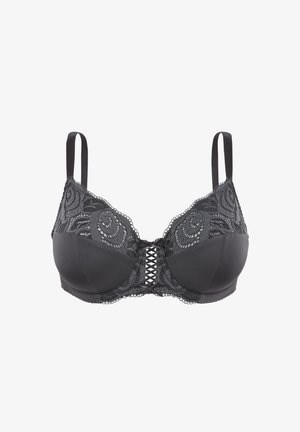 Soutien-gorge en dentelle noire à motifs floraux, bonnets rembourrés, bretelles réglables et détail croisé au centre devant.