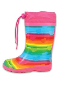 Kinder regenlaars van rubber met een roze bovenkant, kleurrijke horizontale strepen in regenboogkleuren en hartpatronen. Bevat een trekkoordsluiting.