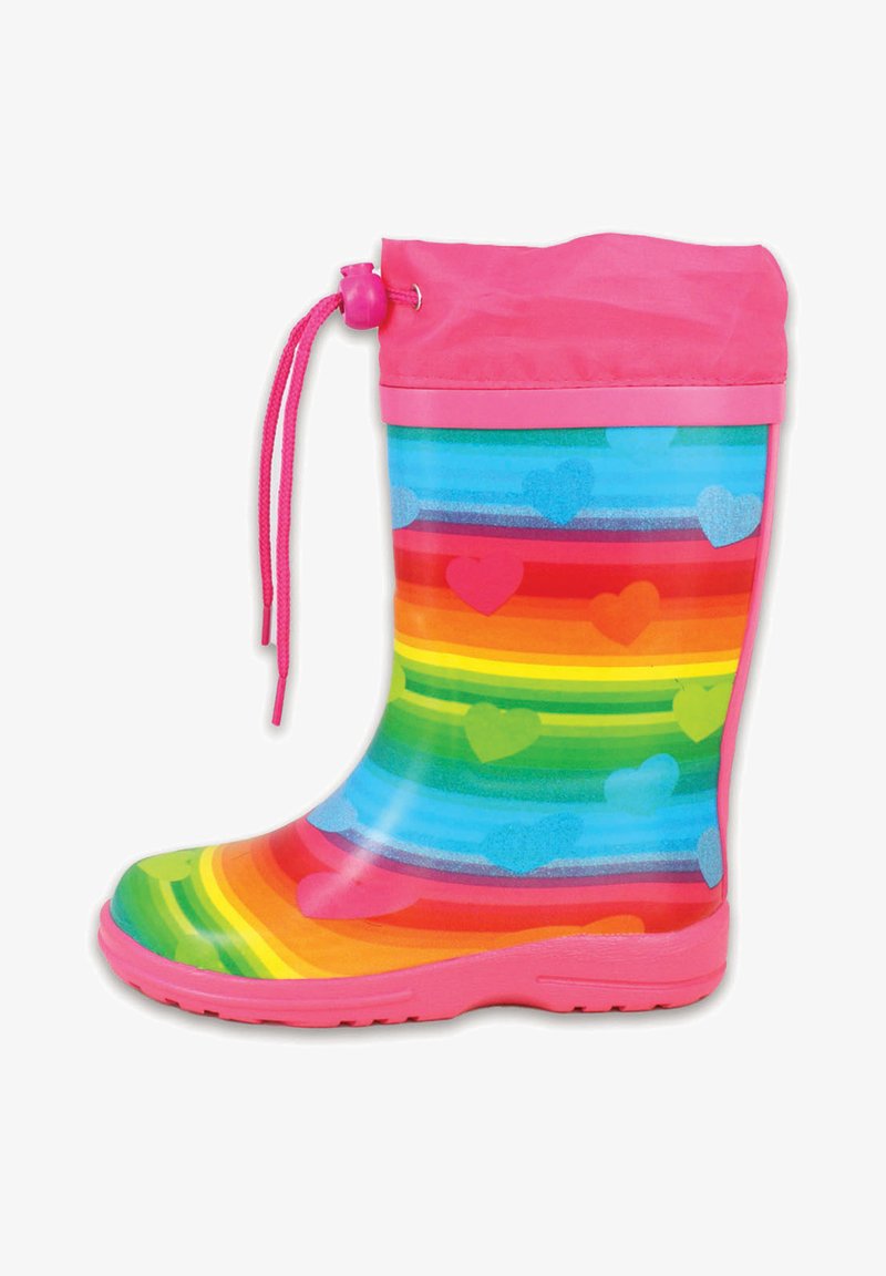 Botte de pluie en caoutchouc pour enfants avec un haut rose, des rayures horizontales colorées dans des nuances arc-en-ciel et des motifs en forme de cœur. Dispose d'une fermeture à cordon.