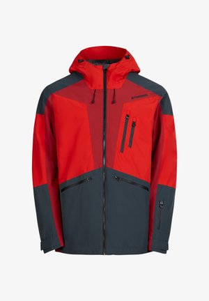 Czerwona i granatowa wodoodporna kurtka z kapturem, z geometrycznymi blokami kolorów, dwoma kieszeniami na suwak i regulowanym sznurkiem przy kapturze.