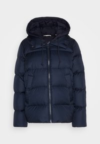 Veste d'hiver matelassée bleu marine avec capuche, fermeture éclair devant, cordon de serrage et deux poches latérales à boutons-pression.