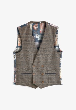 Hnědá kostkovaná vesta s dvojitými knoflíky, vyznačující se vzorovanou vnitřní částí z lístků a štítků. Funkční kapsy, upravený tvar.