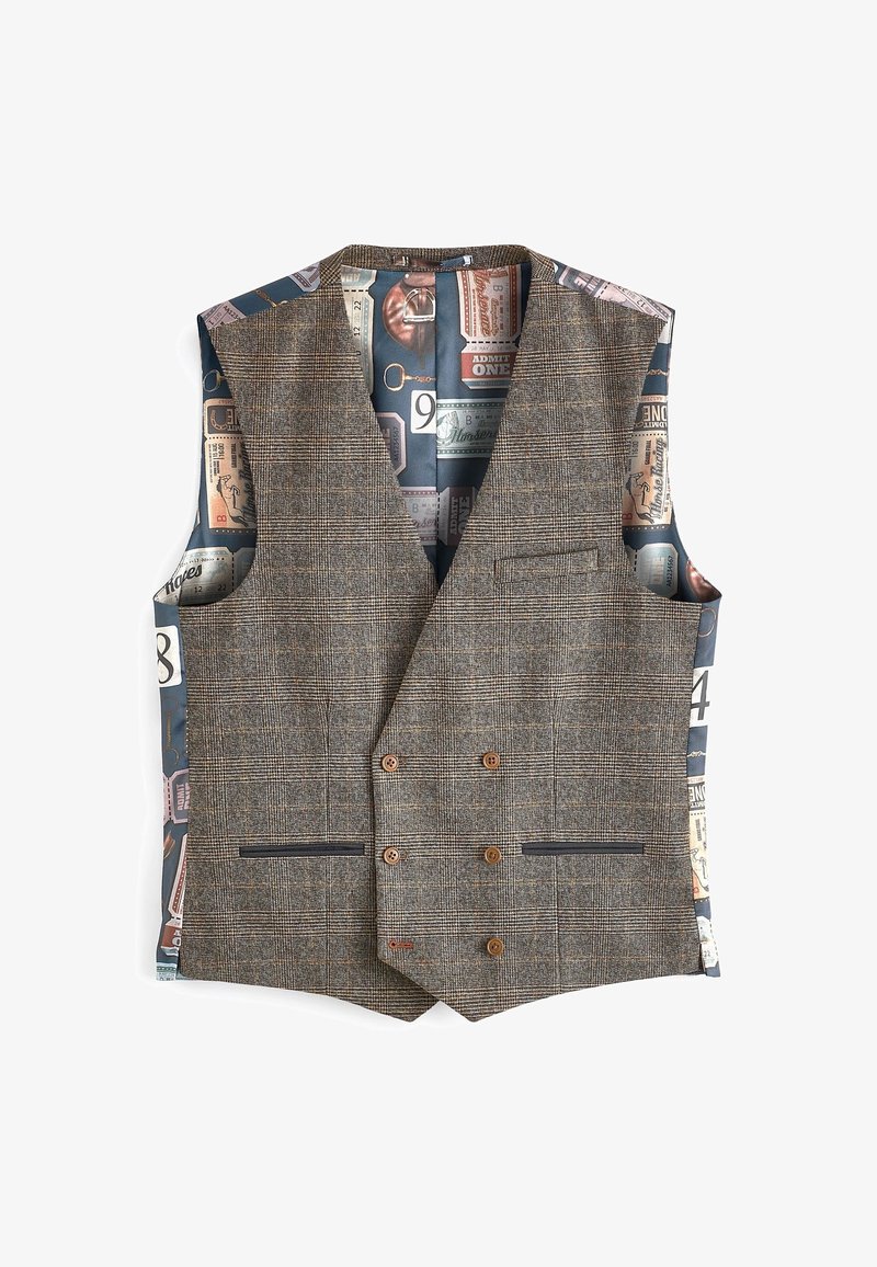 Braun kariertes Weste mit doppelter Knopfleiste, ausgestattet mit einem gemusterten Innenfutter aus Tickets und Etiketten. Funktionale Taschen, taillierte Form.
