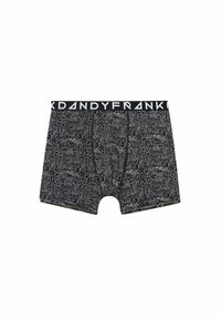 Shorts de boxeur noirs avec un motif géométrique de circuit en gris. Dotés d'une taille noire avec le logo "DANDYFRANK" en blanc. Texture de tissu douce.