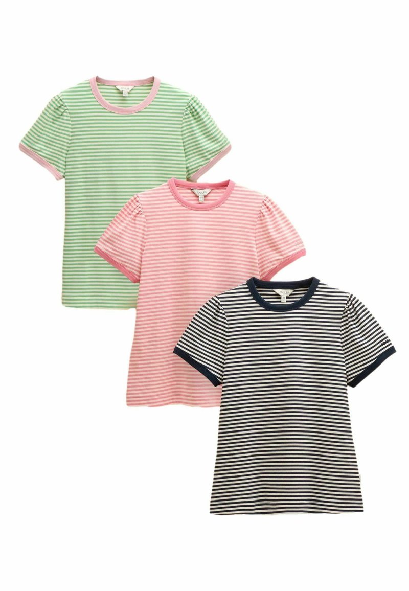 Three striped t-shirts: one green with light pink accents, one pink with similar accents, and one navy and white striped design.