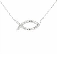 Collar plateado con un colgante en forma de pez decorado con piedras de imitación transparentes, suspendido de una cadena delicada. Acabado metálico liso.