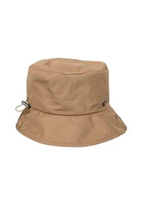 Tan bucket hat met een verstelbare lus en toggle aan de zijkant, met een klein zwart rond logo op de band.