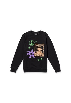 Zwarte sweatshirt met ronde hals en lange mouwen. Bevat kleurrijke graphics in paars, groen en oranje, inclusief vredessymbool en speelse ontwerpen.