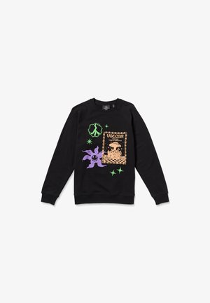 Sweatshirt noir avec un col rond et des manches longues. Il présente des graphismes colorés en violet, vert et orange, y compris un symbole de paix et des designs ludiques.