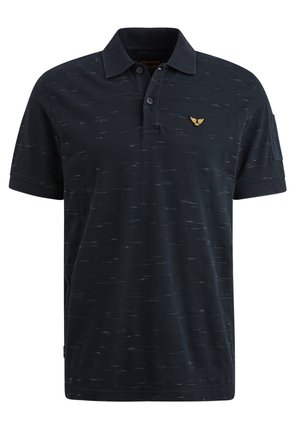 Navy blue polo shirt with a textured pattern, short sleeves, and a three-button placket. Features a gold eagle logo on the chest.