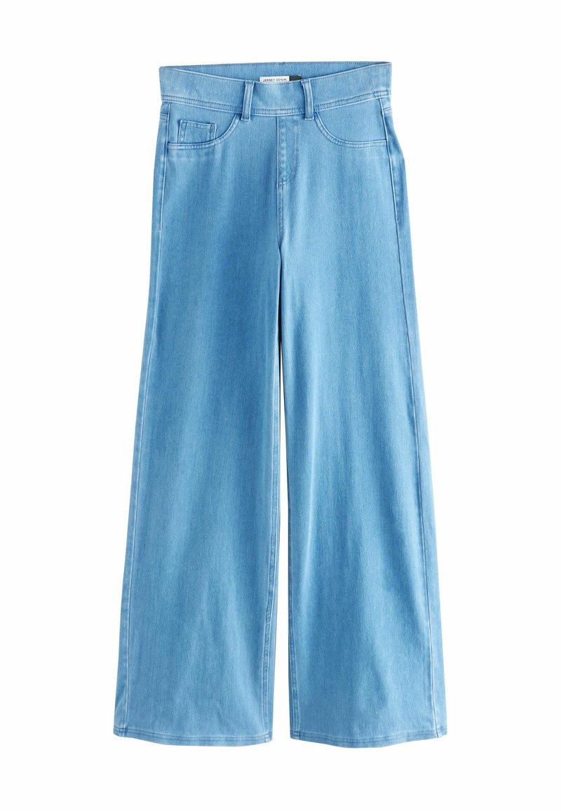 Lichtblauwe wijde jeans van denim, met een sluiting van knoop en rits, voorzakken en een schone zoom met subtiele stiksels.