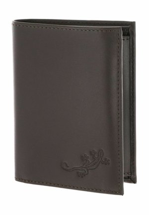 Dark brown leather bifold wallet with stitched edges and a small embossed gecko design on the lower right corner.