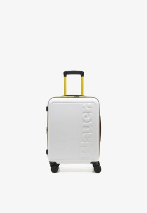 Valigia rigida bianca con manico telescopico giallo, logo "Blauer" in rilievo e quattro ruote nere girevoli.