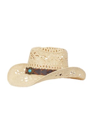 Beżowy pleciony słomiany kapelusz kowbojski z szerokim, zakrzywionym rondem, ozdobnym brązowym skórzanym paskiem i akcentem z turkusowego kamienia.