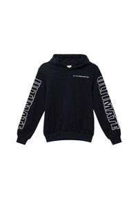 Zwarte hoodie met witte tekst "ULTIMATE" op beide mouwen en kleine tekst "LET THE SOUND GUIDE YOU!" op de borst, met ribgebreide boorden en onderkant.