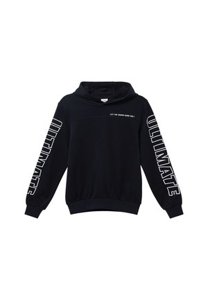 Sweat à capuche noir avec le texte blanc "ULTIMATE" sur les deux manches et un petit texte "LAISSEZ LE SON VOUS GUIDER !" sur la poitrine, avec des poignets et un ourlet côtelés.