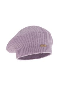 Knit beret in light lavender, featuring a ribbed texture and a small branded leather tag. Soft wool or similar material, rounded shape.