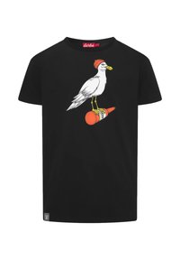 Black cotton t-shirt featuring a graphic of a white seagull with a red beanie, standing on an orange bottle, printed on the front.
